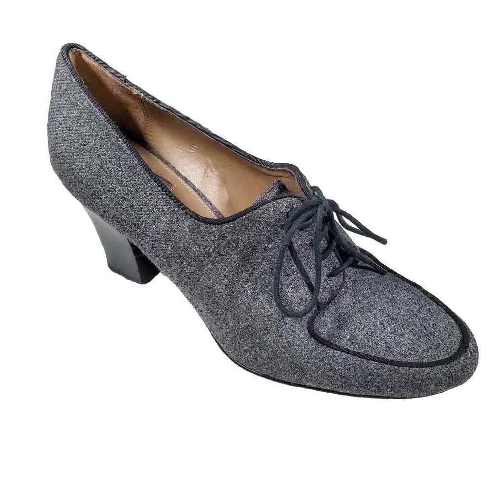 Liz Claiborne Heels Womens 7.5 Sabrina Pump Grey Wool Fabric Lace Up Almond Toe